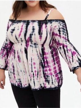 Torrid purple white black tie dye smocked off the shoulder bell sleeve blouse